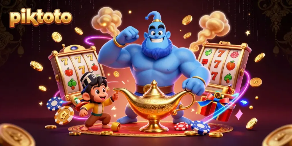 Experience the thrill of piktoto with a genie, monkey, and casino symbols in a vibrant 3D illustration.