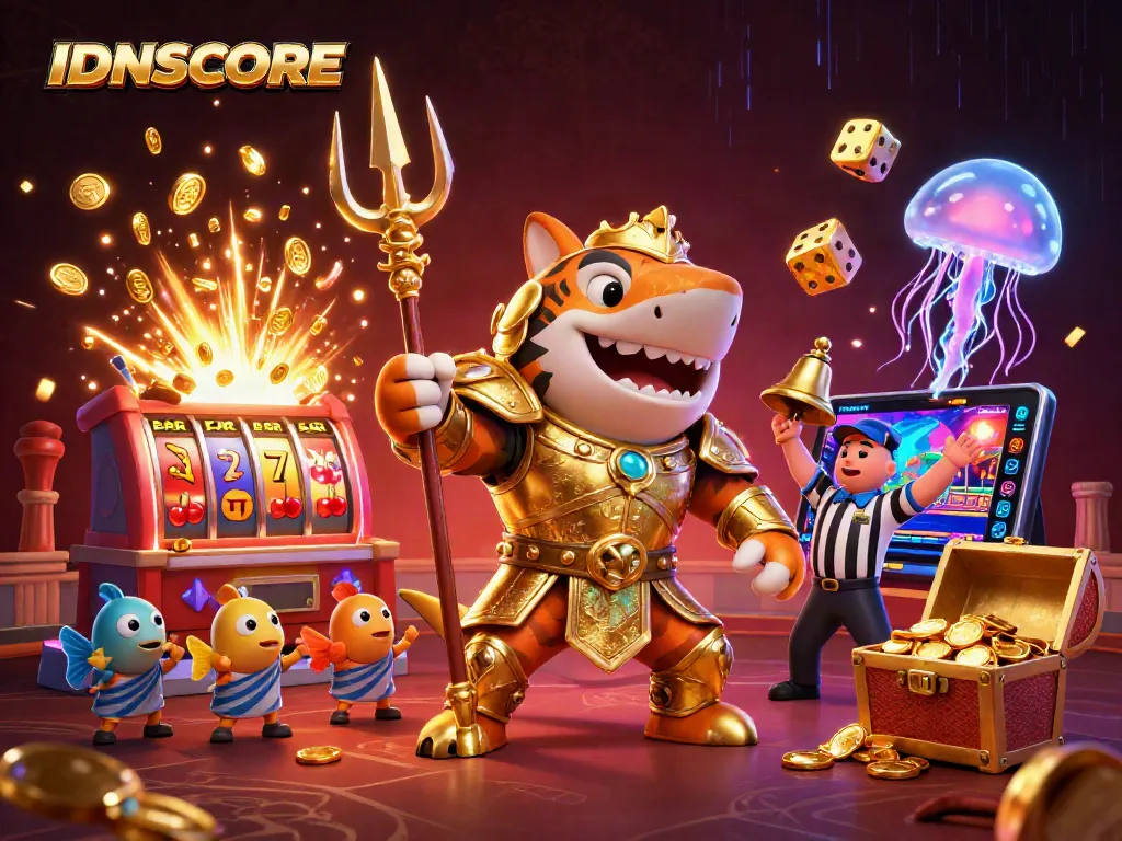 IDNSCORE features a bold tiger shark in gladiator armor amidst vibrant casino elements.
