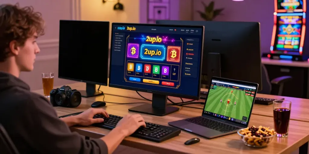 Engaging 2up.io online casino platform on modern desktop setup with vibrant game visuals.