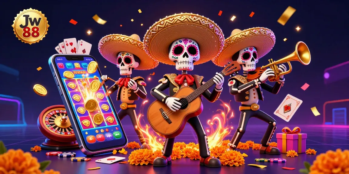 Spin and win big with Jw 88 at a festive casino scene featuring vibrant mariachi characters.