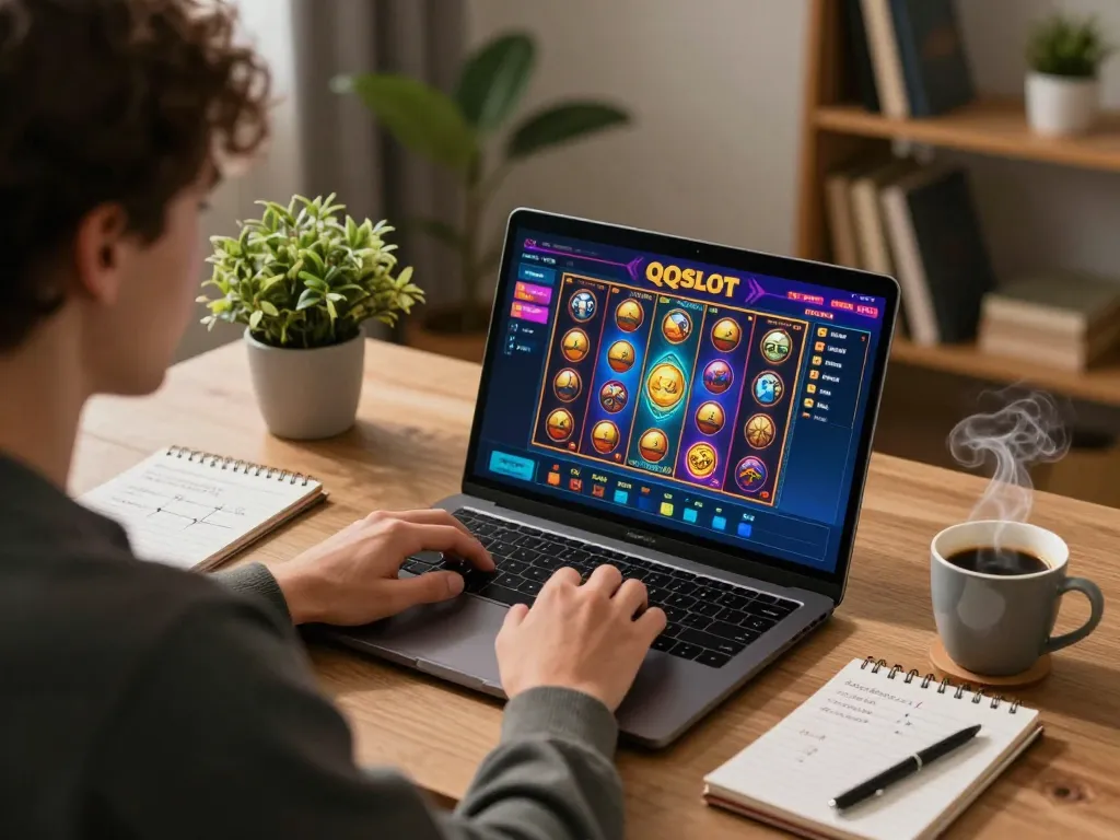 Engaging online player enjoying QQSLOT Link Alternatif in cozy home office while developing gaming strategies.