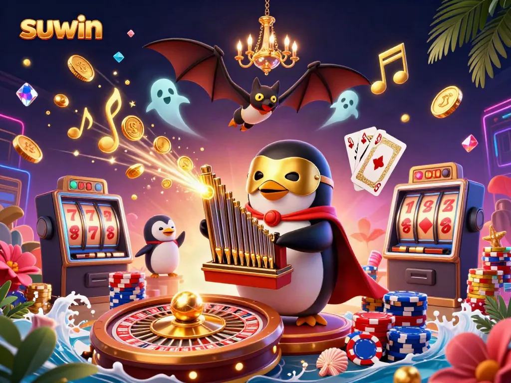 Experience the excitement of suwin as a cartoon penguin plays a golden organ amidst dazzling casino elements.