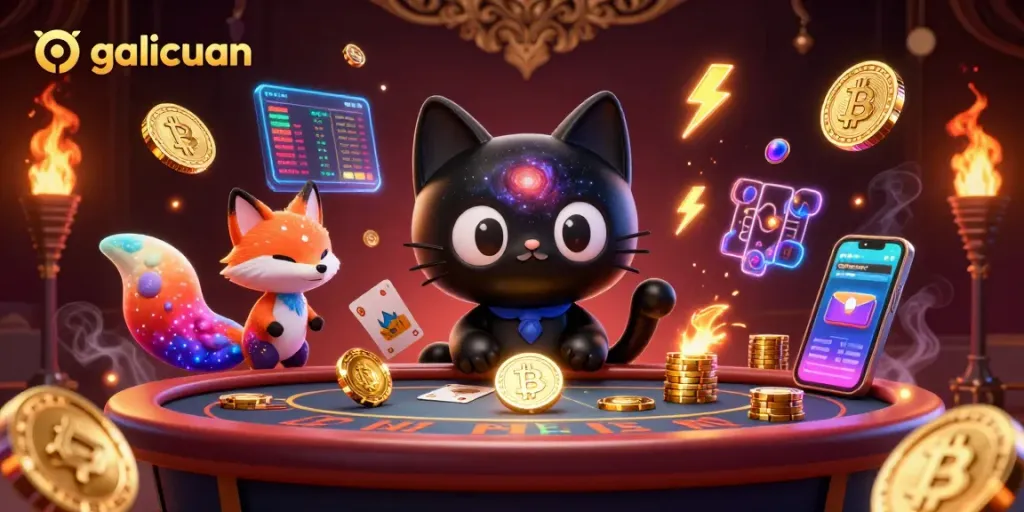 Galicuan memperlihatkan kucing black hole dan rubah nebula di meja kasino, menarik chip emas dan kartu.