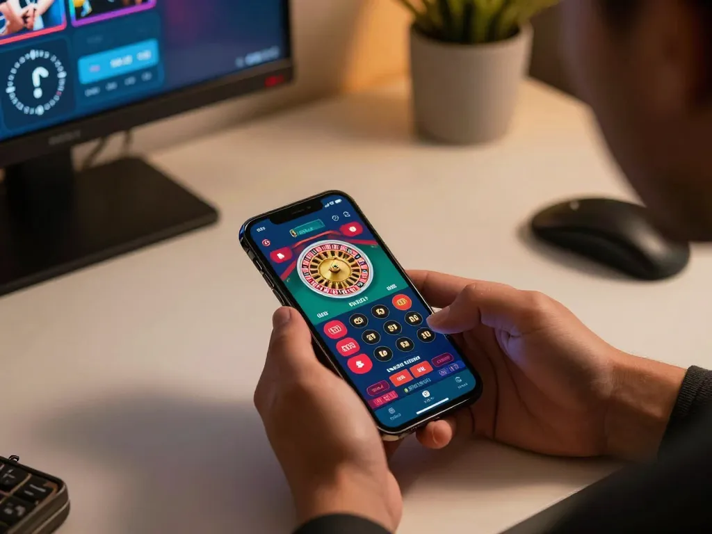 Player enjoying SC88 casino app on smartphone in a stylish home office, promoting responsible gaming practices.
