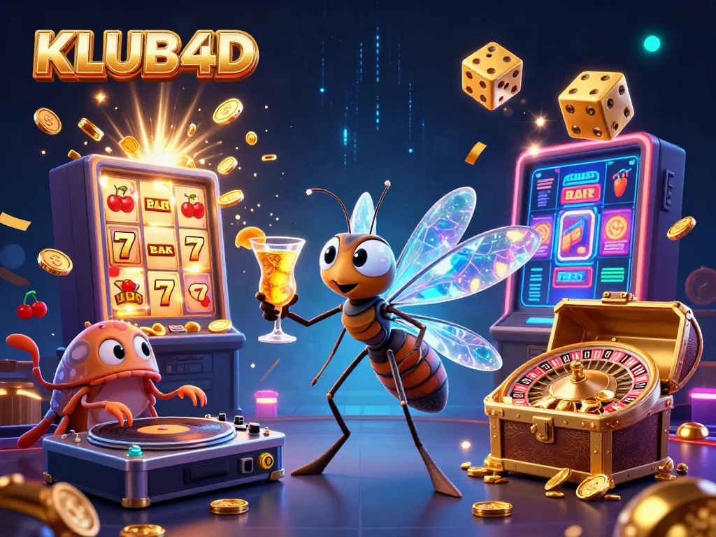KLUB4D menampilkan kasino yang meriah dengan simbol keberuntungan dan karakter unik di dalamnya.