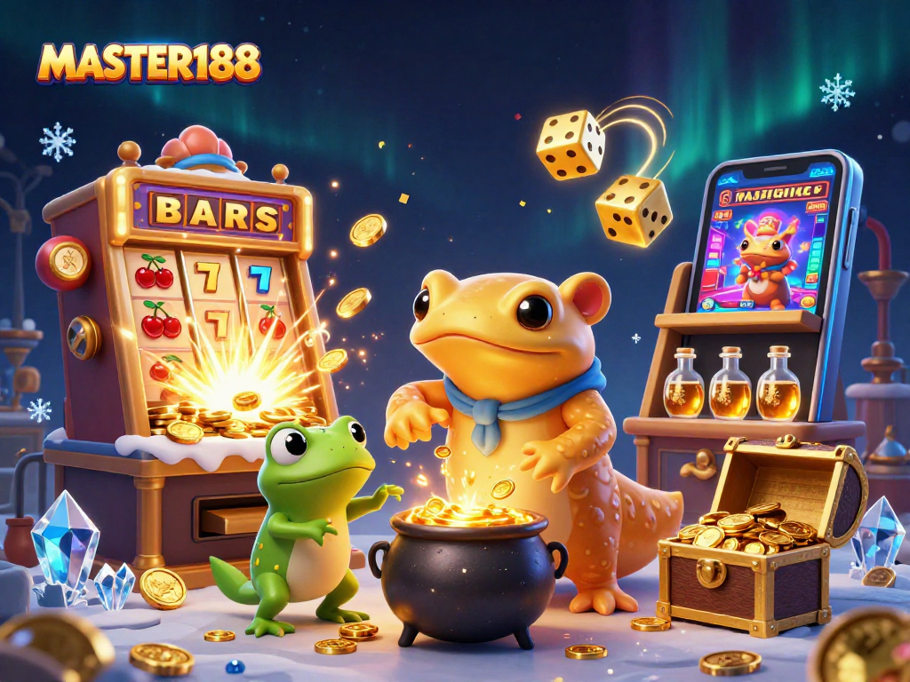 Experience the thrill with MASTER188: lively scene featuring a golden salamander alchemist and casino elements.