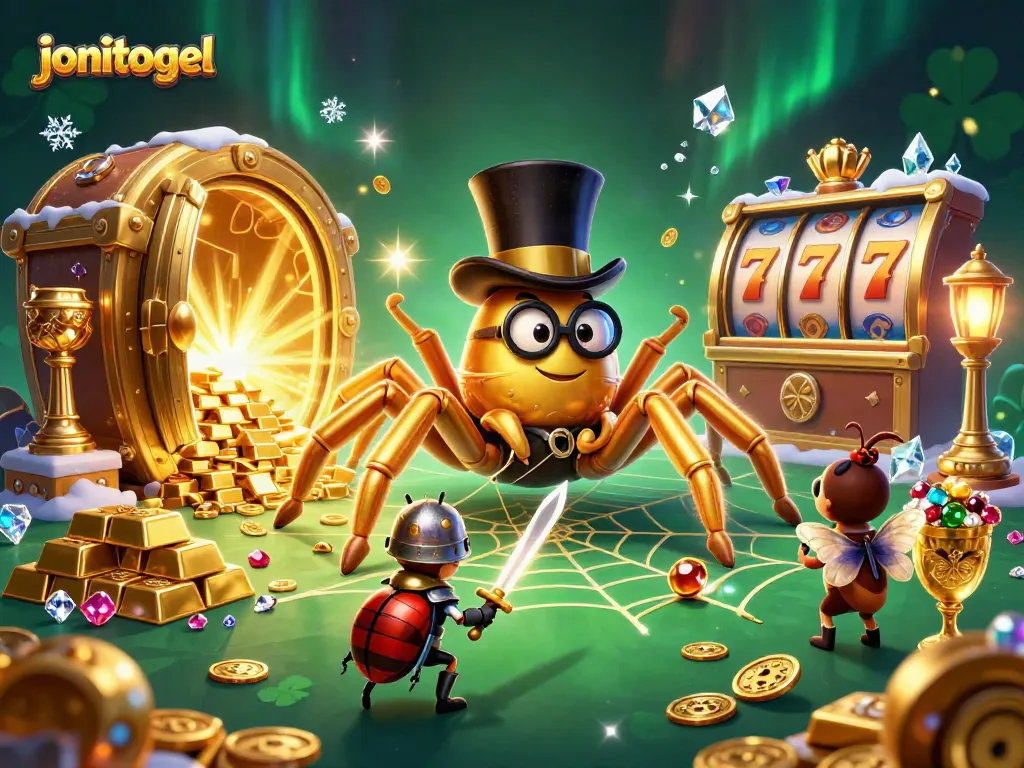 Engage with jonitogel's dynamic casino world showcasing a golden tarantula weaving riches.