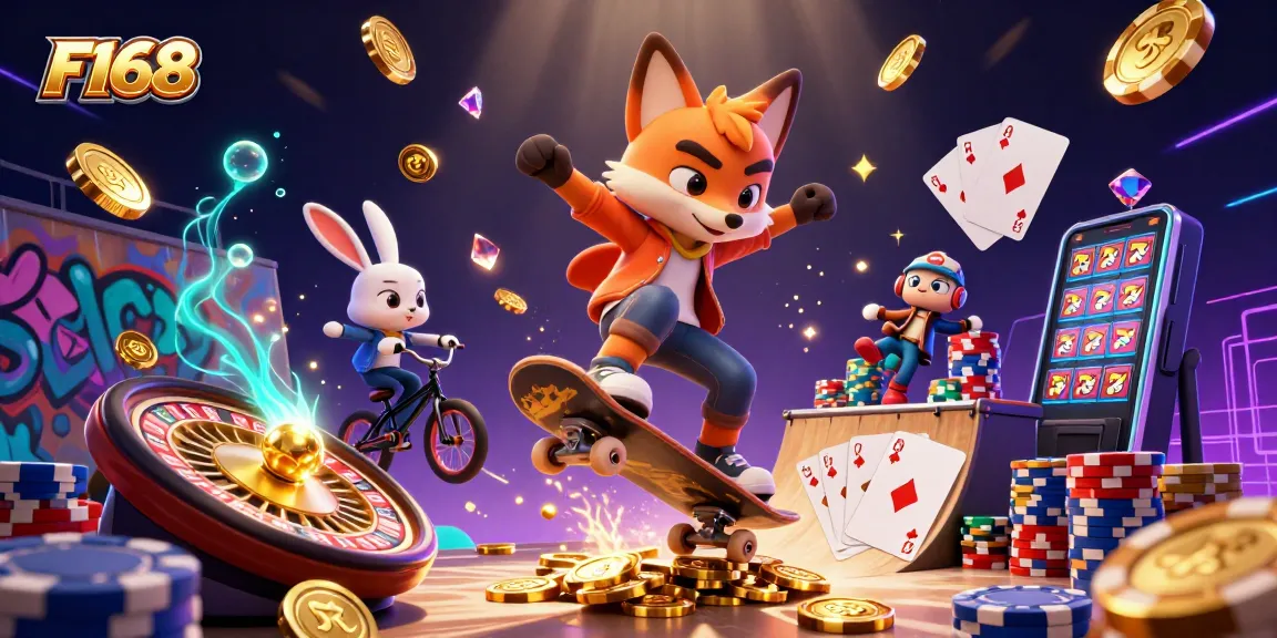 Experience the excitement at F168 with cartoon characters performing stunts amidst dynamic casino elements.