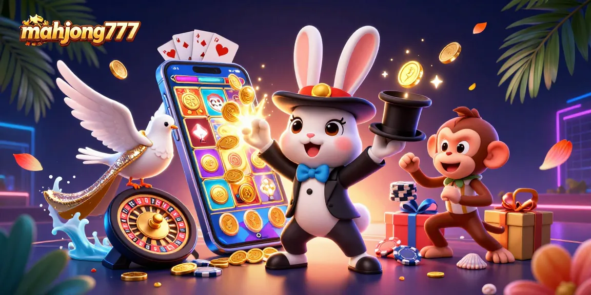 Experience thrilling gameplay with mahjong777 as a magician rabbit conjures coins and poker chips.