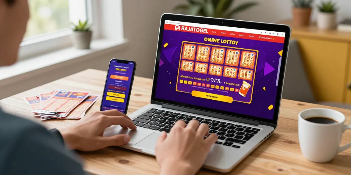 Pengguna menikmati permainan rajatogel di laptop dengan tiket togel di meja.
