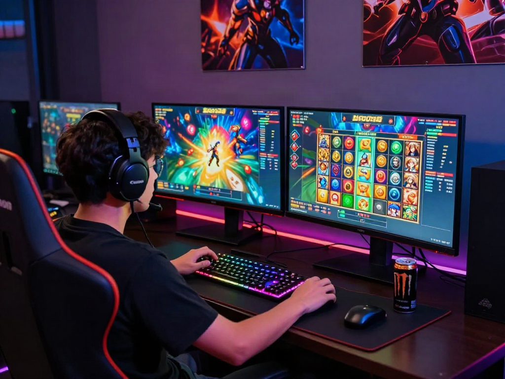 Focused gamer immersed in bro138 slot game on dual monitors with vibrant graphics.