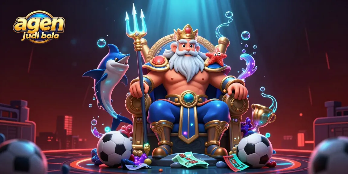 Bet on agen judi bola with sea king Neptune in a vibrant 3D casino scene full of sports elements.
