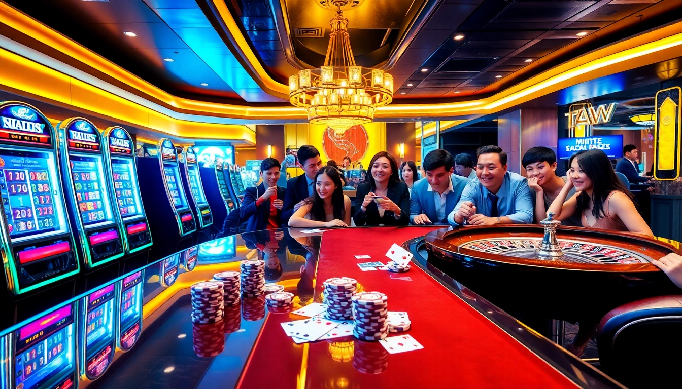 Situs11 offers a lively casino experience with vibrant slot machines and engaging poker players.