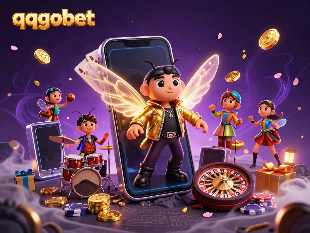 Experience the excitement of qqgobet with a vibrant 3D illustration of gaming characters and casino elements