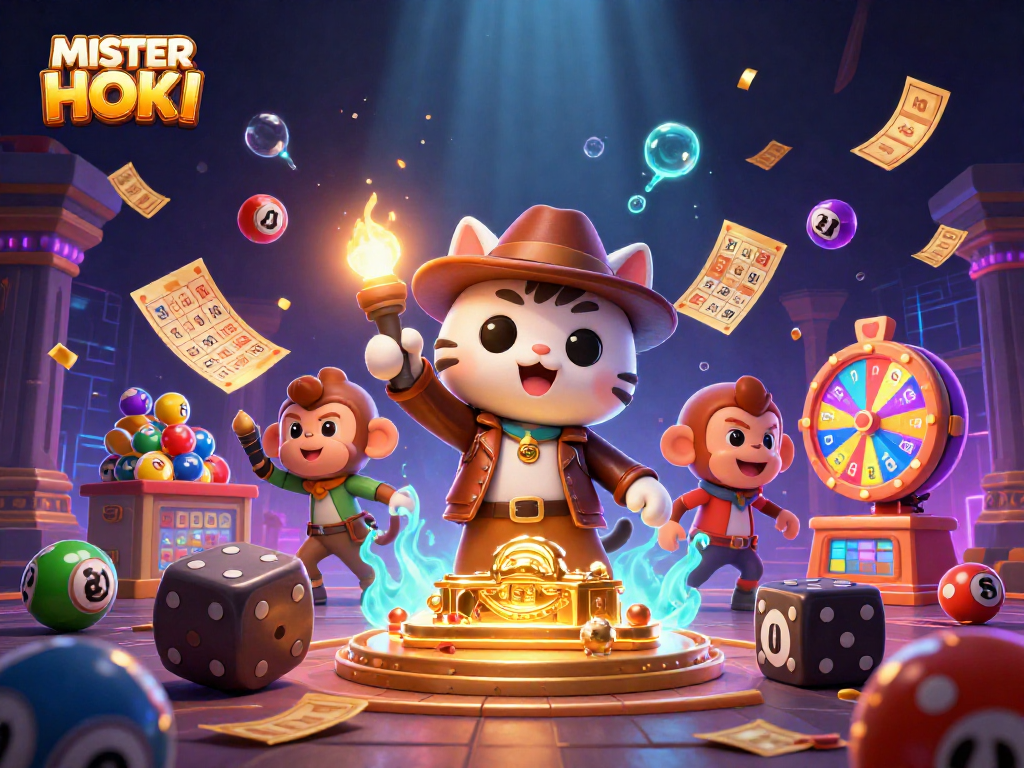 MISTERHOKI menampilkan kucing arkeolog 3D yang menemukan artefak kasino emas dikelilingi bola lotere berwarna-warni.