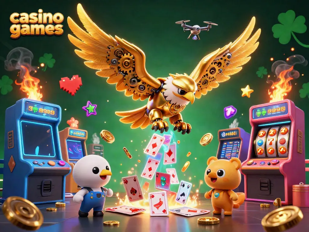 Feel the excitement with casino games as a cybernetic eagle soars through holographic cards and glowing slot machines.