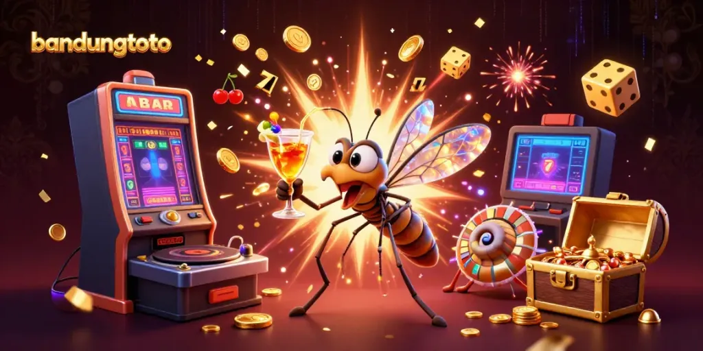 Engage in thrilling casino action with bandungtoto featuring a vibrant 3D illustration of a casino mascot, roulette wheel, and dynamic game symbols.