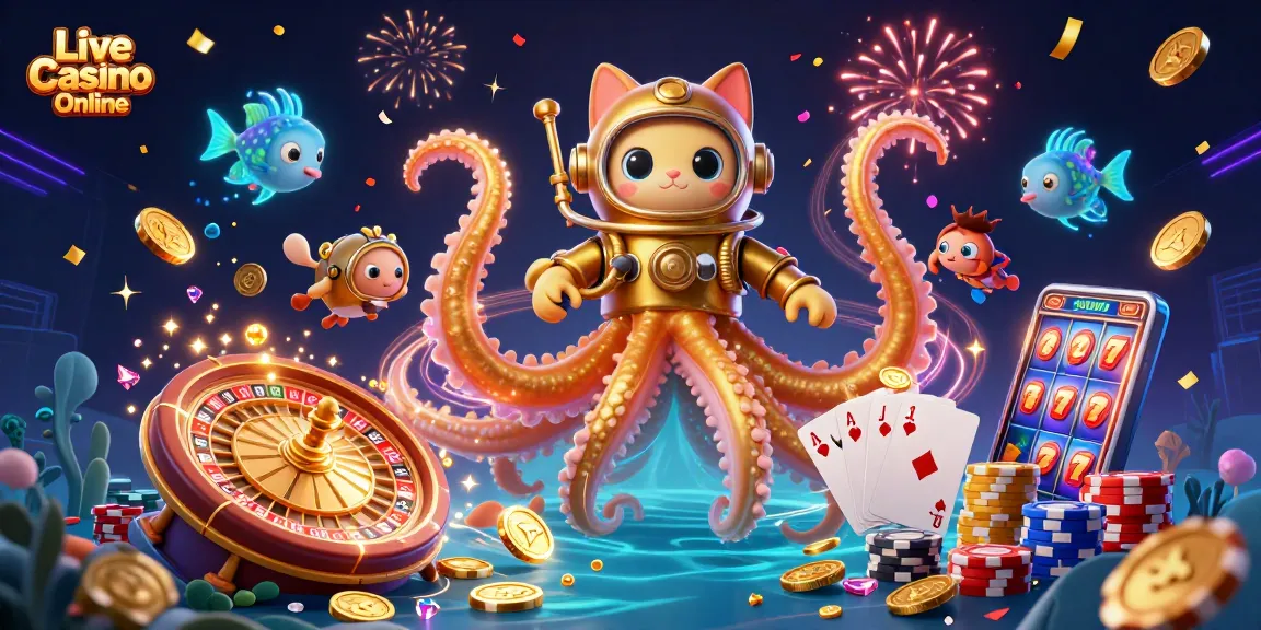 Experience the excitement of Live Casino Online with a vibrant 3D illustration showcasing a kraken and diving cat.