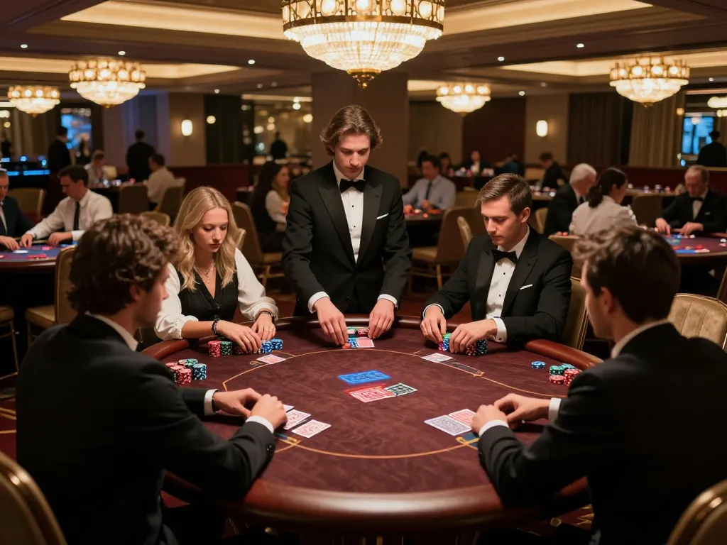 Players strategize at QQALFA's high-stakes poker table in a luxurious casino setting.