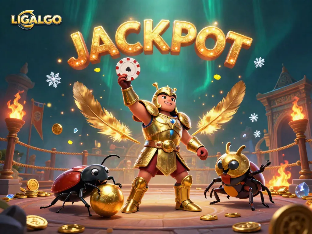 LIGALGO celebrates a casino victory with a heroic beetle lifting a poker chip, surrounded by golden treasures.