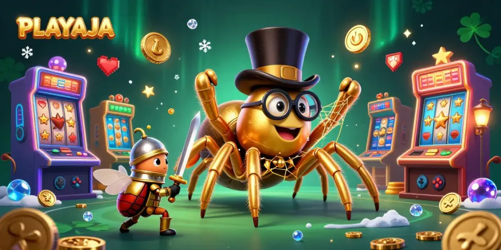 Engage with the vibrant PLAYAJA casino scene featuring a brave beetle knight and golden tarantula amidst slot machines.