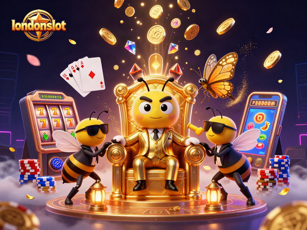 Win big with londonslot as the buzzing bumblebee mob boss counts golden coins amidst vibrant slot reels.