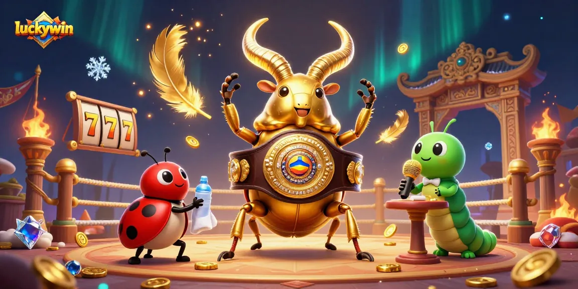 Place your bets with luckywin at a vibrant casino showdown featuring a giant stag beetle and cheering characters.