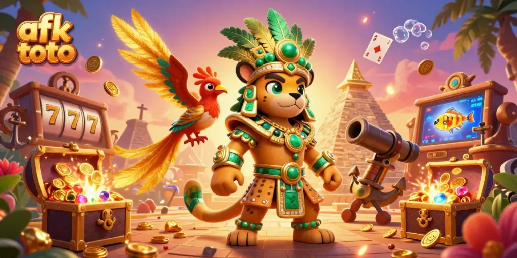 Engage with afk toto illustrated slot revelry showcasing a Mayan jaguar and golden quetzal amidst treasure.