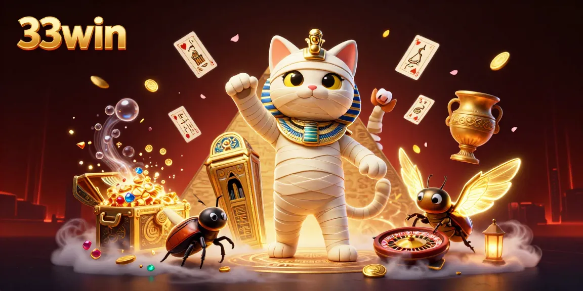 Experience thrilling casino action with 33win's mummy cat and treasures in a vibrant pyramid scene.