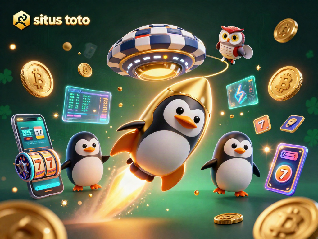 Gambarlah situs toto dengan penguin emas berlogo kasino dan elemen video game yang menakjubkan.