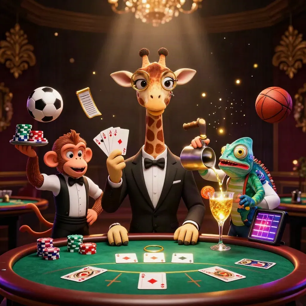 Jerapah high-roller, monyet valet, dan bunglon bartender di meja poker emas-neon.