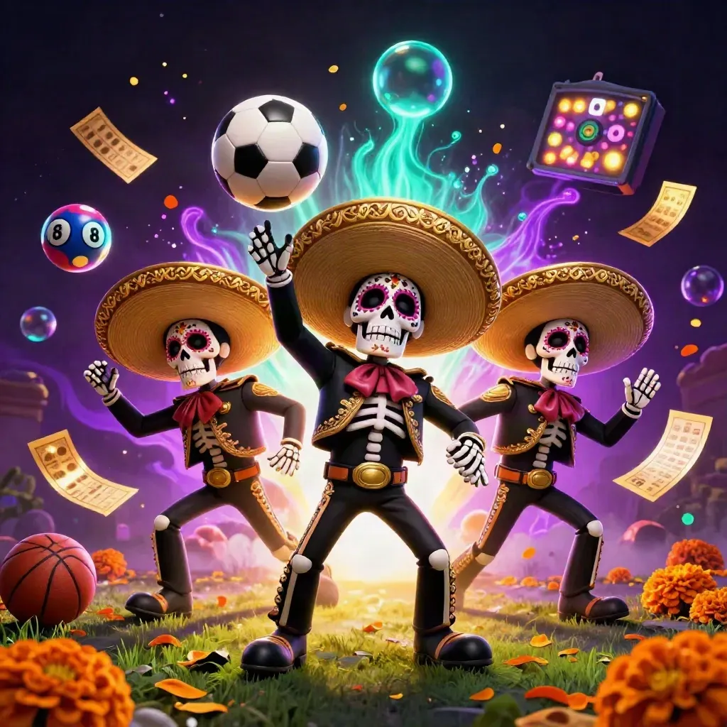 Tiga skeleton mariachi melesat di tengah bola sepak, tiket emas, dan lampu neon kasino.