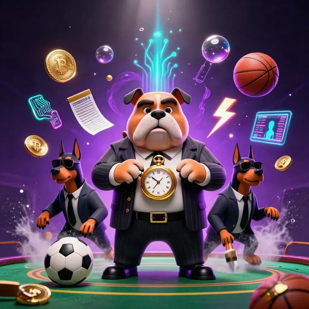 Bulldog mafia 3D dan dua doberman di tengah bola, koin kripto, dan ledakan neon kasino.