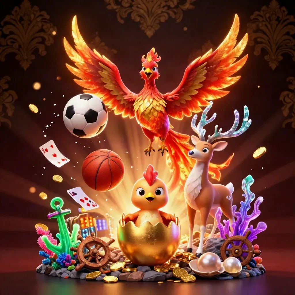 Phoenix, bayi phoenix, dan rusa kristal di tengah koin emas, bola, dan cahaya neon.