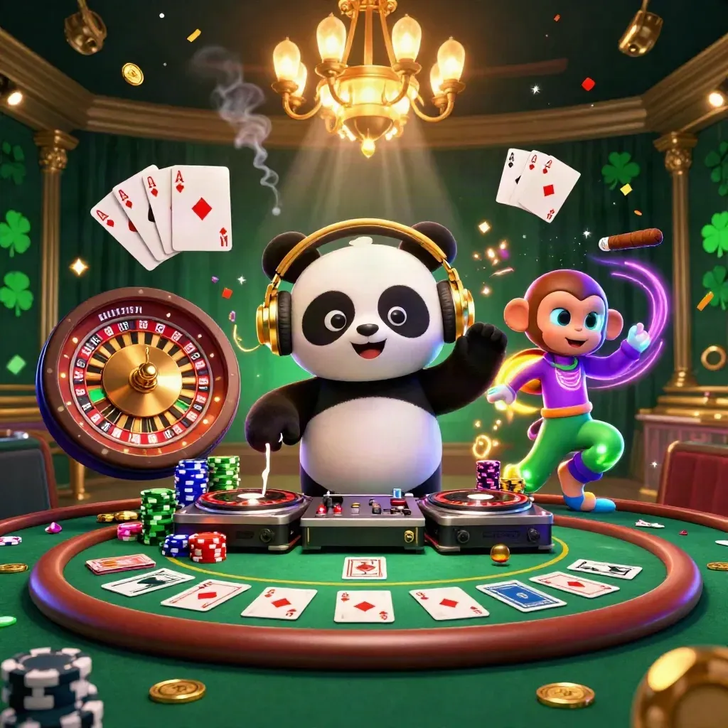 Panda DJ, monyet breakdance, dan kucing glow-stick di meja kasino neon mewah.