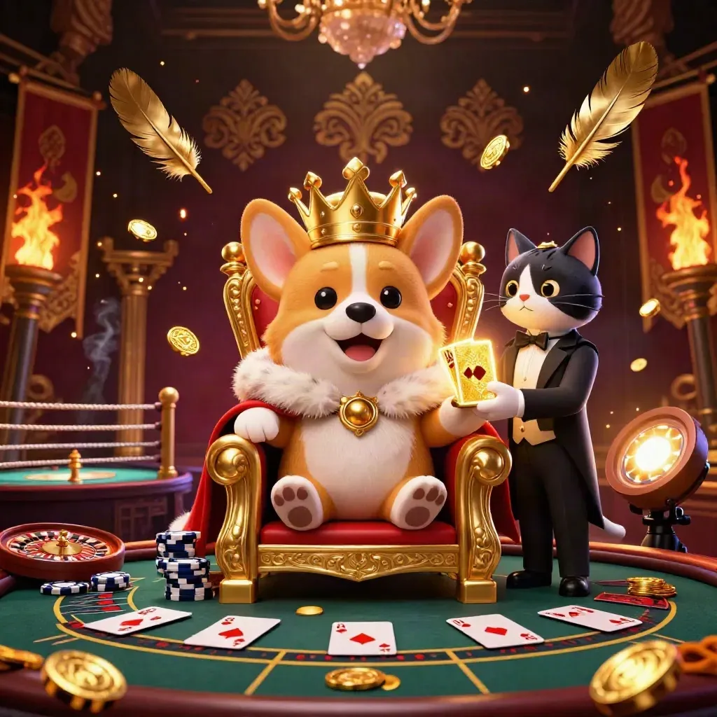 Corgi mahkota emas dan pelayan kucing di kasino neon mewah dengan koin, asap, dan chandelier.
