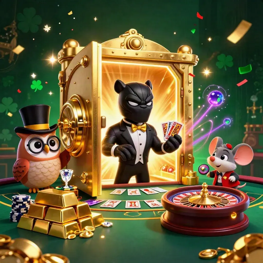 Panther, burung hantu, dan tikus judi mewah di ruang kasino neon dengan emas dan permata.