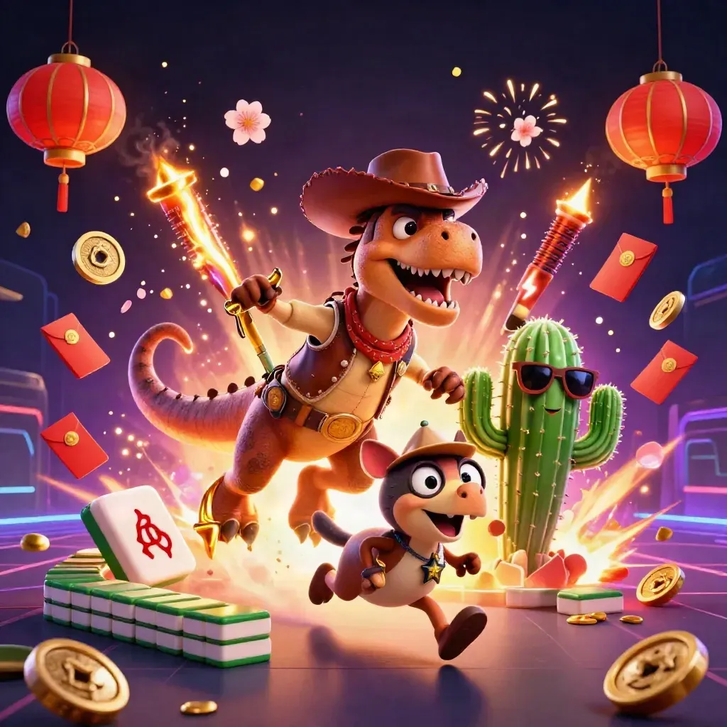 Dinosaurus koboi, kaktus berkacamata, dan roadrunner sheriff di ledakan neon ungu.