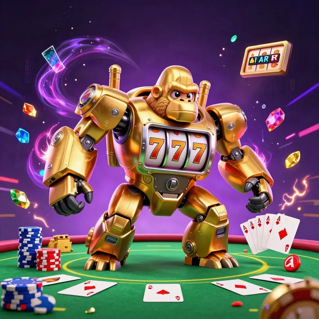 Gorila mech emas dengan pilot monyet, kartu, chip, dan ledakan permata neon ungu
