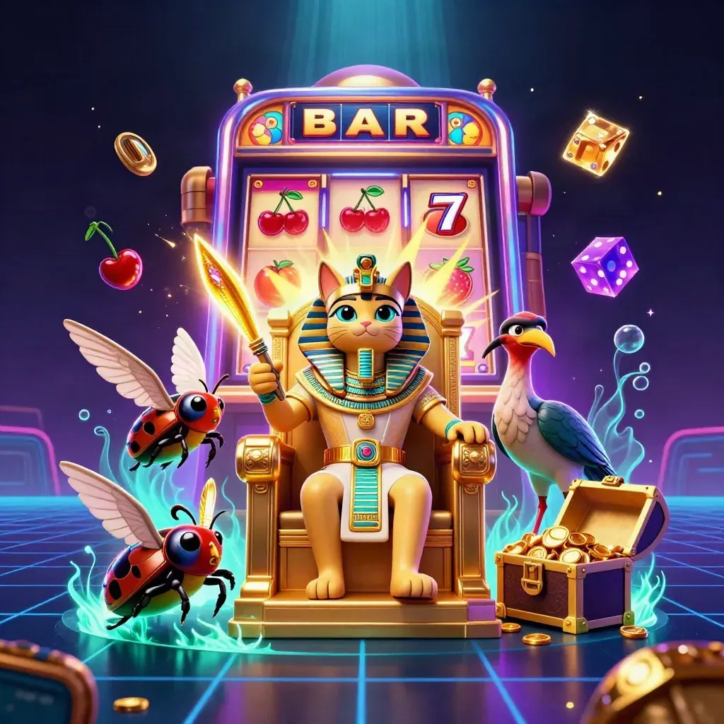 Kucing firaun emas di singgasana, serangga scarab permata, mesin slot meledak dengan emas dan cahaya neon.