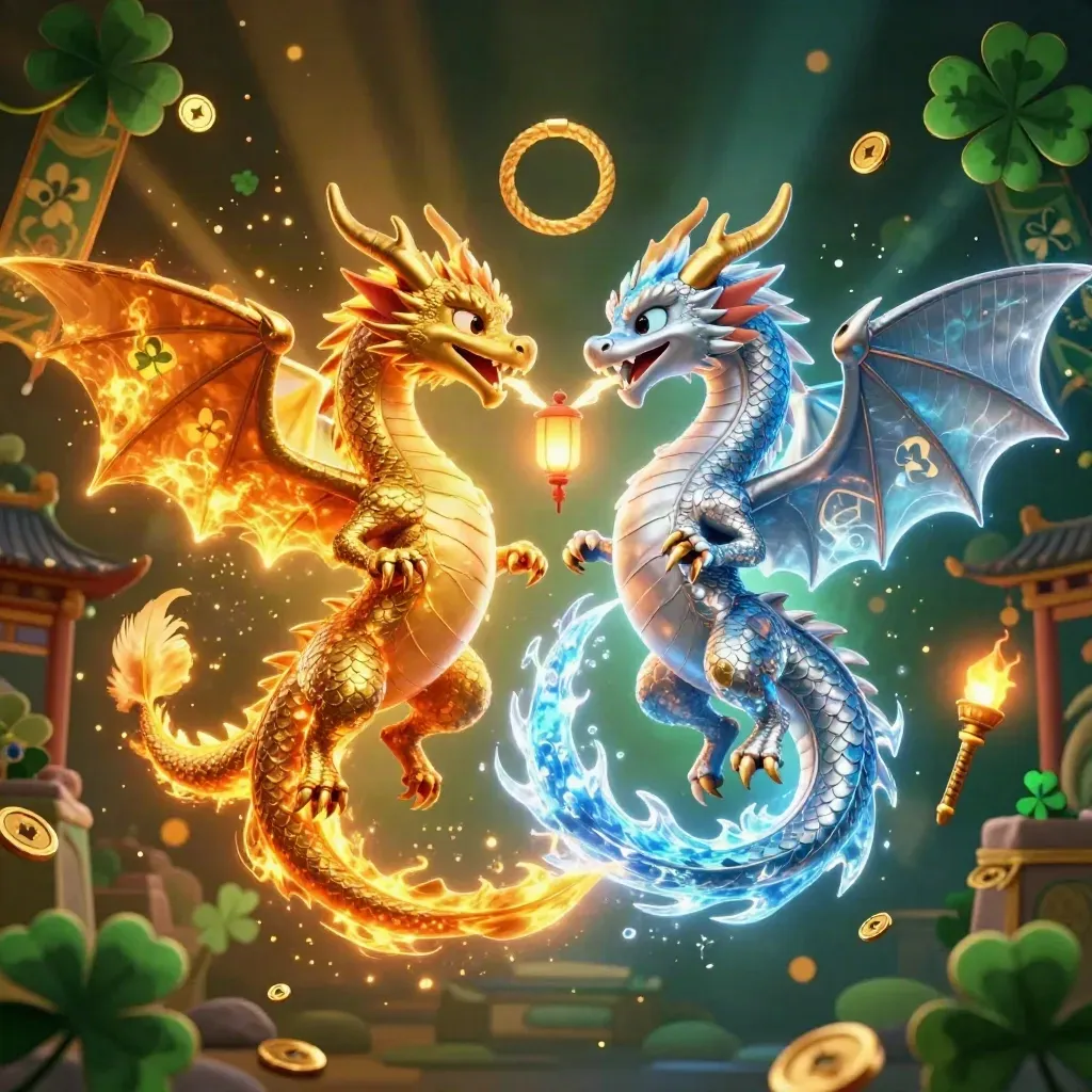 Dua naga emas dan perak terbang melingkar, napas api-es yin-yang, roh lentera di tengah.