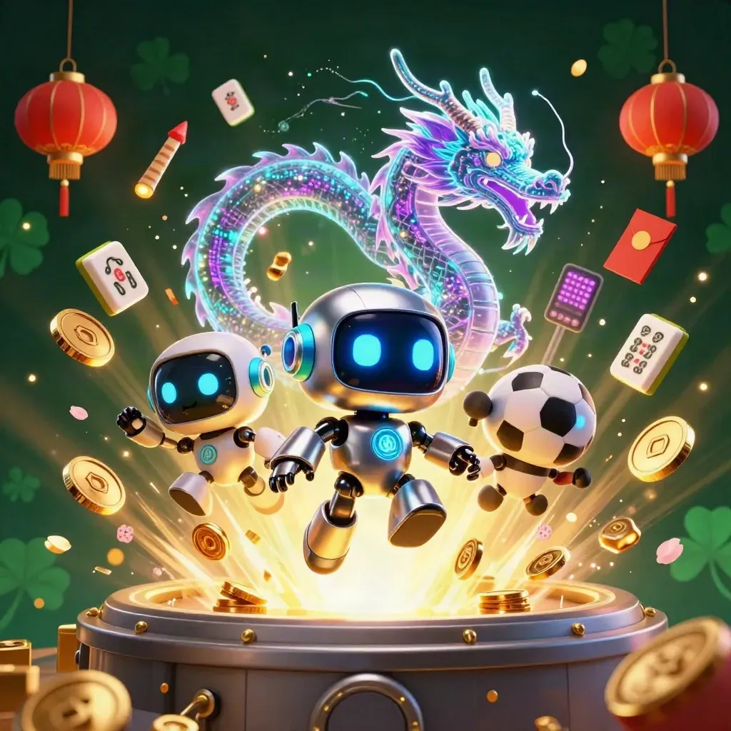 Robot cyberpunk, naga holografik, dan drone di ledakan koin emas bernuansa kasino mewah.