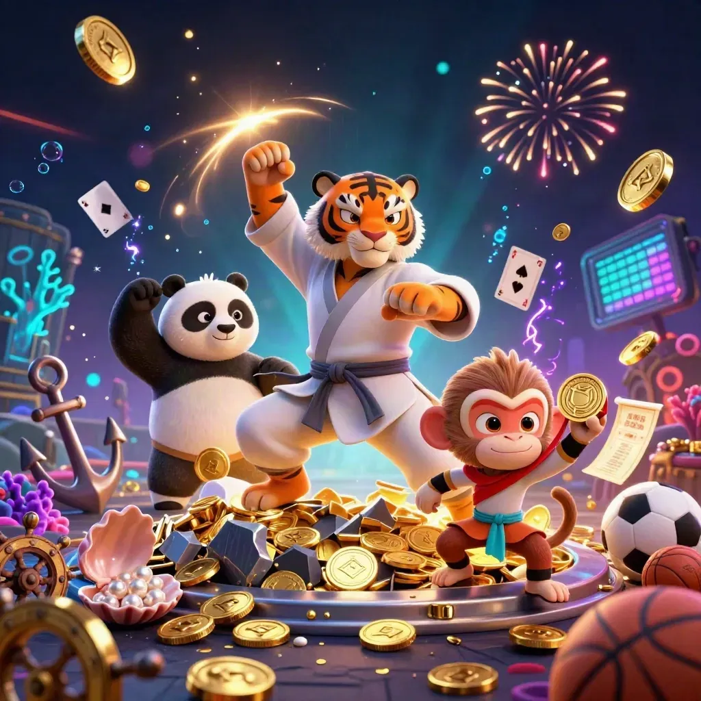 Harimau kung-fu, panda, dan monyet di ledakan emas kasino neon dengan koin, coral, dan efek cahaya.