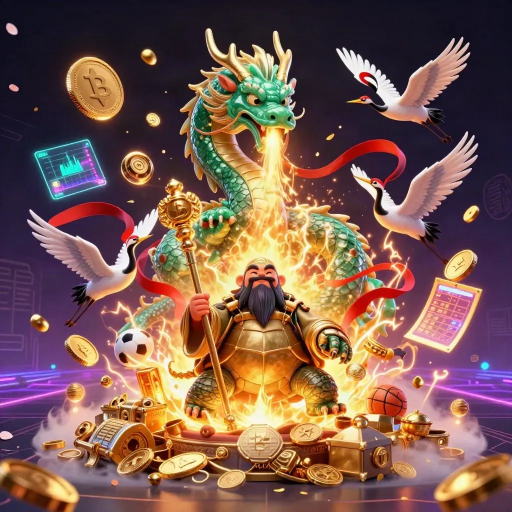 Naga jade, kura bijak, dan bangau di ledakan koin emas bernuansa neon kasino.