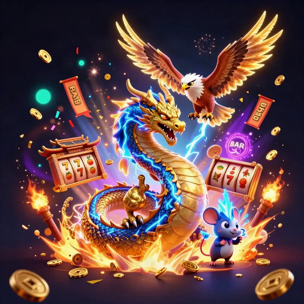 Naga petir, elang, dan tikus listrik di tengah efek slot kasino neon.