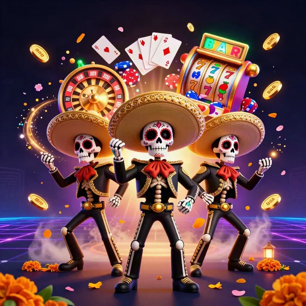 Tiga skeleton mariachi 3D dikelilingi koin, permata, roda roulette, dan neon hijau.
