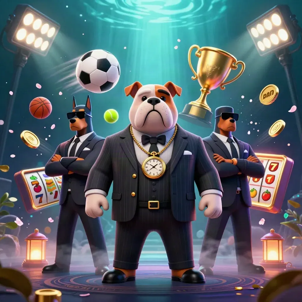 Bulldog bos mafia dan dua doberman, dikelilingi bola, trofi, koin, dan efek neon kasino mewah.