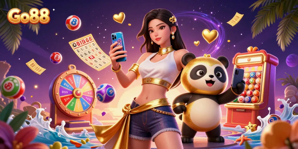 Go88 features a vibrant casino scene with an Asian woman showcasing her winning smartphone game alongside a golden panda mascot.