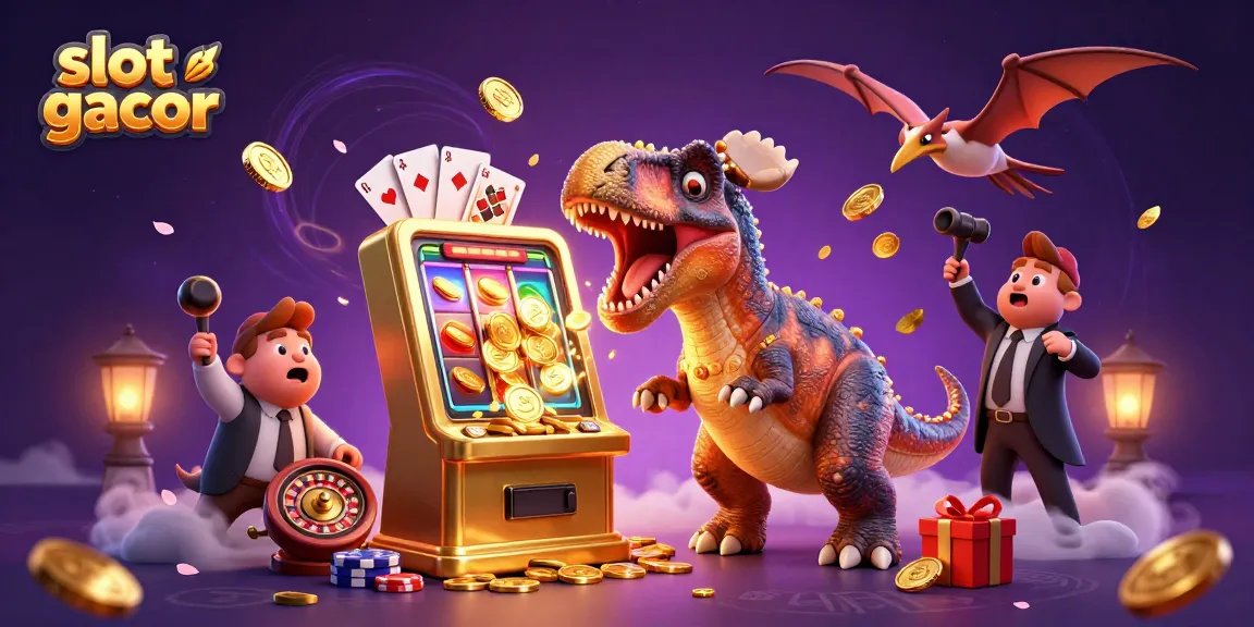 Slot gacor dengan pemenang jackpot dari mesin slot dikelilingi koin emas terbang dan permainan kasino interaktif.
