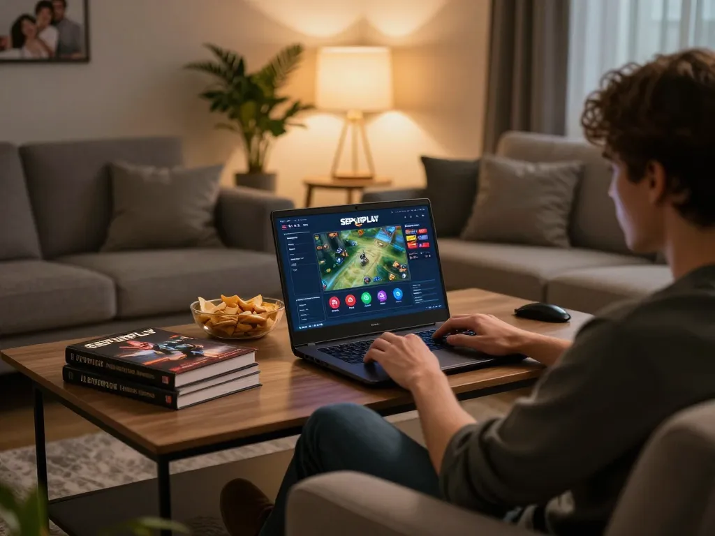 Pengalaman permainan online yang menarik dengan SEPUHPLAY, memperlihatkan taruhan strategis di ruang tamu yang nyaman.